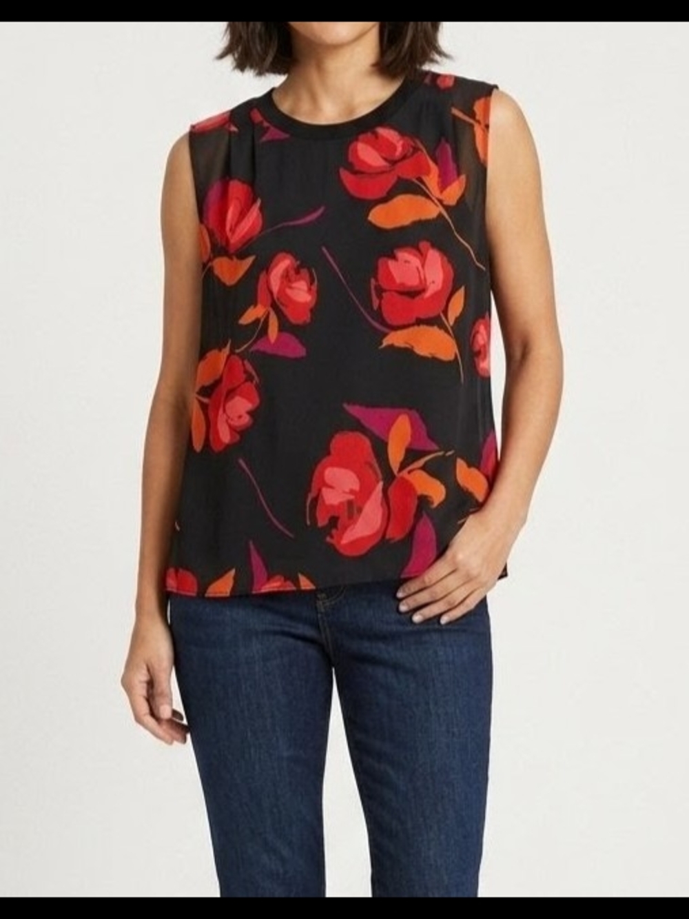 CAbi Black Sleeveless Camisole with Red & Orange Floral Print Size Small